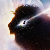 Silhouette of a lion’s head in a cosmic, star-filled environment with a glowing pegasus flying through the center, emitting beams of light. Mystical and ethereal atmosphere with vibrant space colors and light effects.