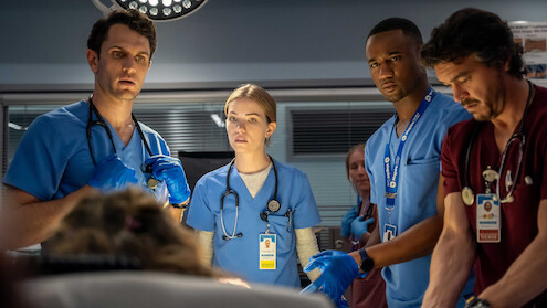 Colin Woodell as Xander Phillips, Willa Fitzgerald as Danny Simms, Jessie T. Usher as Sam Elijah, and Arturo Del Puerto as Luis Dominguez in 'Pulse.'
