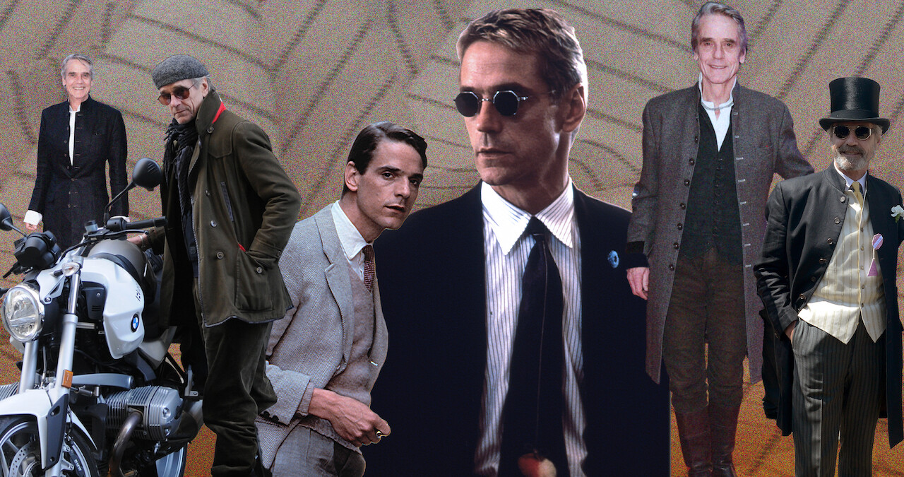 A collage of different images of Jeremy Irons portraying different characters