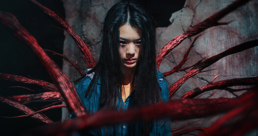 A girl with black eyes and a menacing expressions is shrouded in red rine-like chords 'Sweet Home'