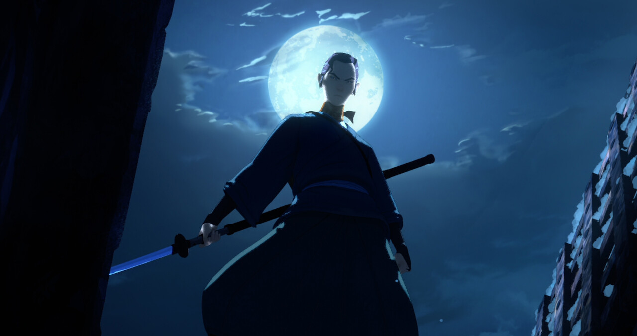 Miss stands in front of the moon with sword drawn in 'Blue Eye Samurai.'