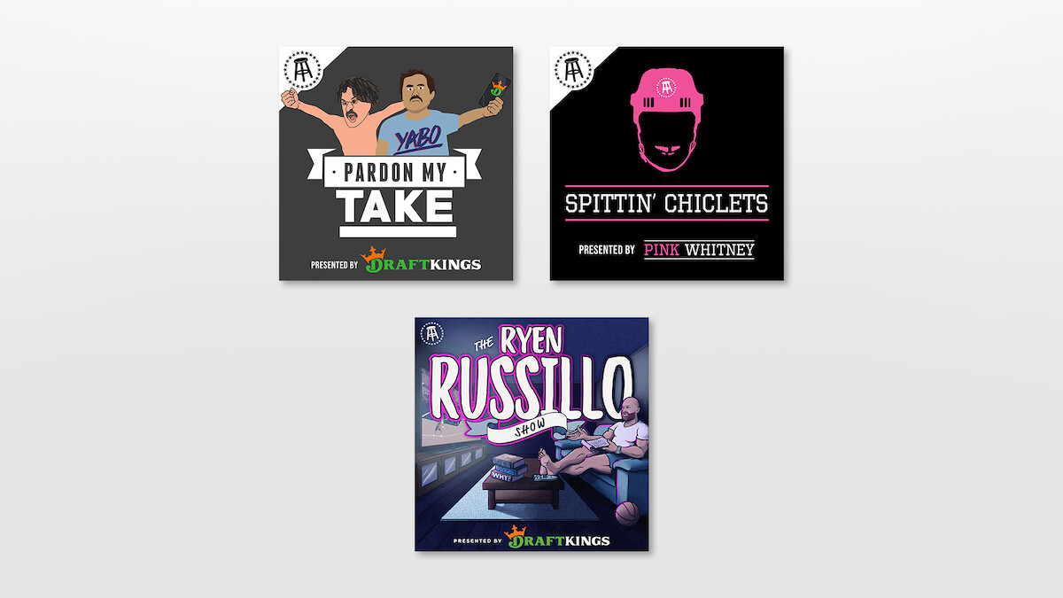 Three sports-themed podcast covers on a light background: two cartoon-style with hosts, microphones, bold titles, and one with a helmet. The mood is lively and engaging, with a focus on sports talk and entertainment.
