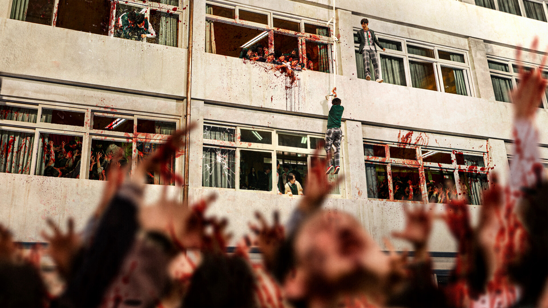 People escaping from a building with blood-stained windows, one person climbing down as a crowd of zombies with bloody hands reaches up from below, creating a tense, chaotic scene.