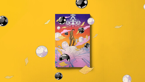 Surreal illustration of a person standing on clouds beneath a chandelier, with floating black-and-white spheres and scattered papers, set against a vibrant purple-orange sky on a yellow background.