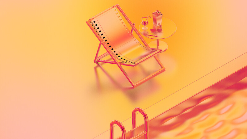 A lounge chair styled like a film strip sits beside a round table holding popcorn, a drink, sunglasses, and a remote control in a vibrant orange and pink environment, evoking a relaxed movie or summer leisure setting.
