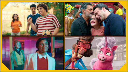 Montagem junta quatro frames de filmes da Netflix: tries amigos juntos jogando futebol; dois homens e uma adolescente se abraçando; duas jovens mulheres em uma festa; um desenho em animação representando um homem e um unicórnio rosa
