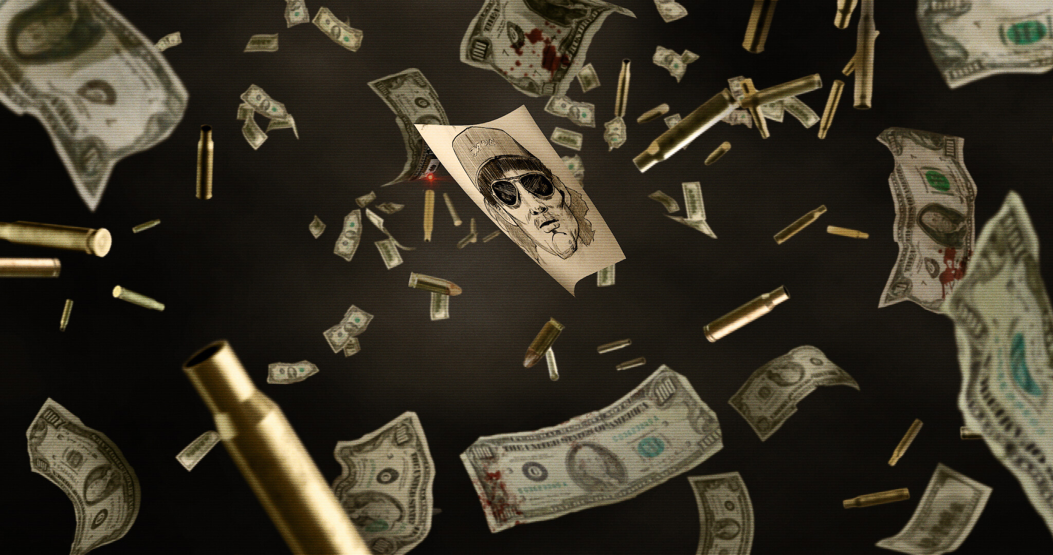 How to Rob a Bank key art - falling money among mugshots and bullet casings