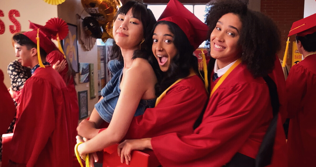 Ramona Young, Maitreyi Ramakrishnan, and Lee Rodriguez in Never Have I Ever.