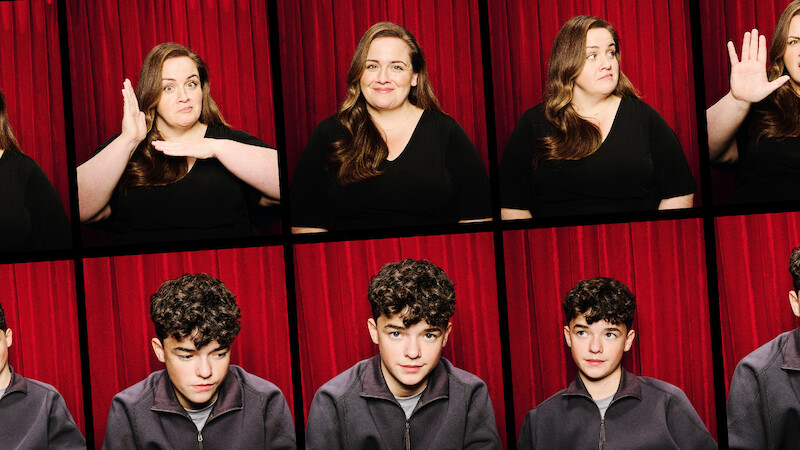 Jessica Gunning (Baby Reindeer) and Owen Cooper (Adolescence) are photographed individually in a photo booth with a red fabric pleated backdrop.