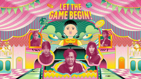 Colorful illustration with LET THE GAME BEGIN! text displaying characters and games from Squid Game in a carnival-like setting