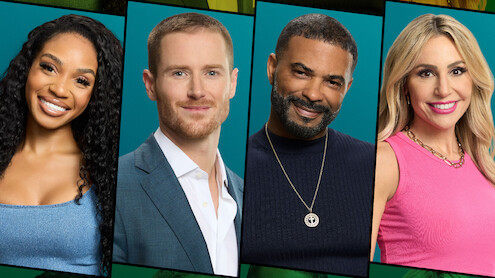 Four people, two women and two men, pose side by side in front of a blue and green background. They are smiling and dressed in casual to semi-formal attire, suggesting a friendly or professional setting.
