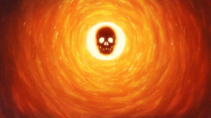 A black skull at the center of a swirling, fiery orange vortex, creating a dramatic and intense atmosphere with glowing light radiating outward.