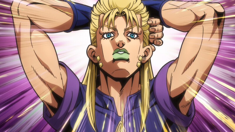 Anime character with long hair holding up his arms behind his head.