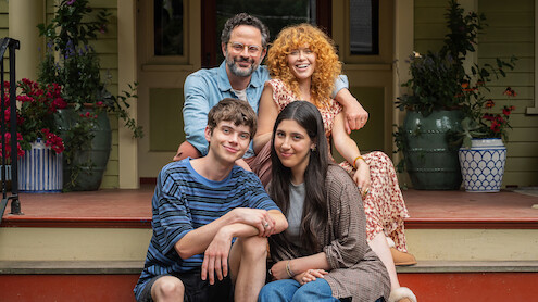Nick Kroll as Brian, Natasha Lyonne as Hannah, Aidan Langford as Alex and Sadie Sandler as Devon on the set of Roommates.