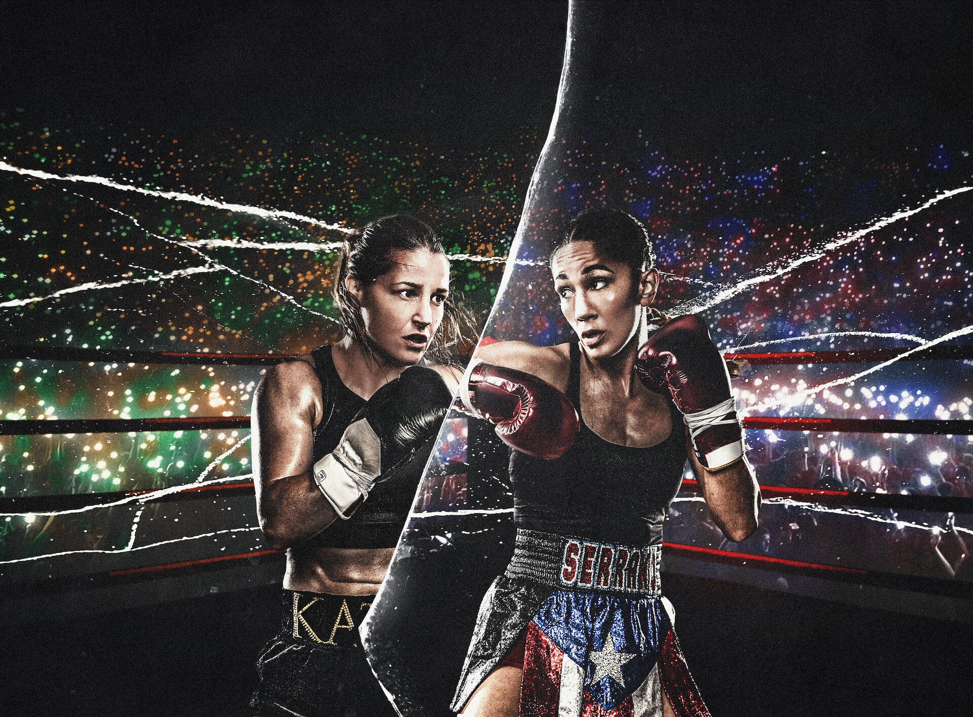 Katie Taylor vs. Amanda Serrano 3 - Katie Taylor and Amanda Serrano facing off in the ring 