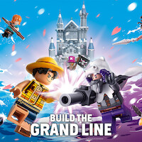 LEGO ONE PIECE minifigures in action on a vibrant ocean scene, with a castle in the background and characters battling. Text reads "Build the Grand Line."