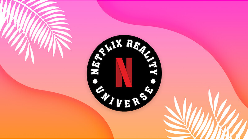 Graphic with wavy lines in pink and orange with Netflix Reality Universe logo in the center.