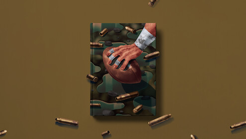 A book with a camouflage cover featuring a hand gripping a football, surrounded by scattered bullet casings on a brown background, blending themes of sports and military.