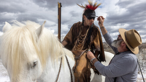 Derek Hinkey as Red Feather and makeup department head Howard Berger behind the scenes of 'American Primeval'