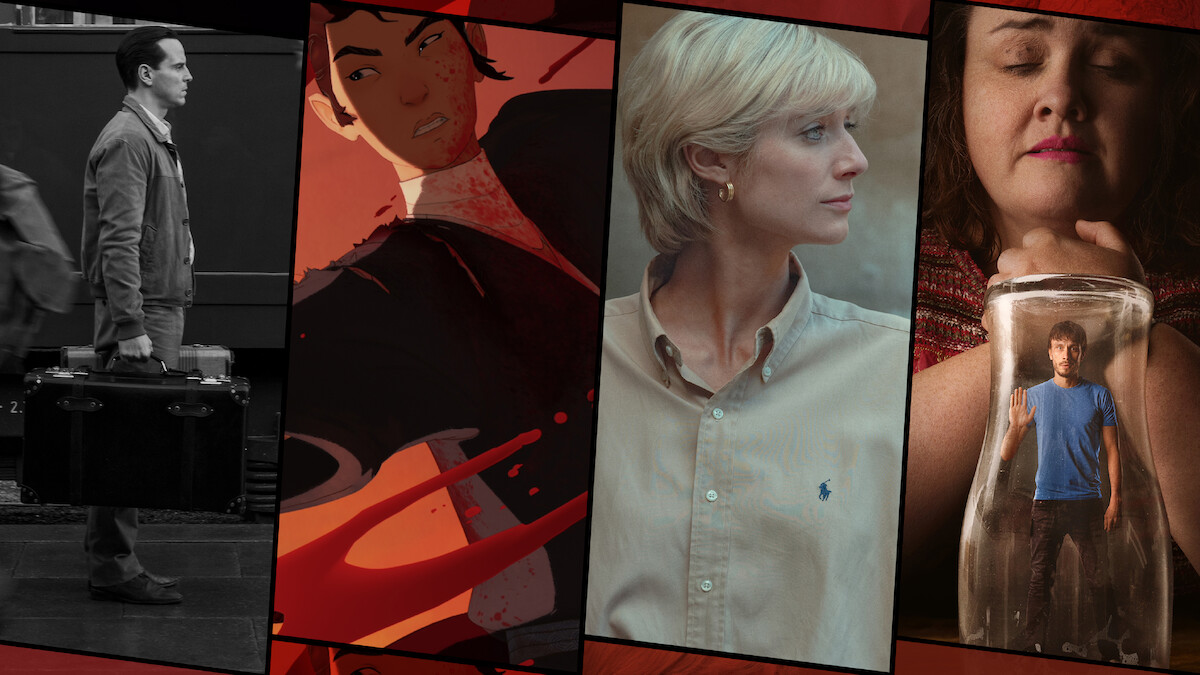 A four-part collage featuring Andrew Scott in Ripley, animated character Mizu from Blue Samurai, Elizabeth Debicki in The Crown, and Jessica Gunning in Baby Reindeer.