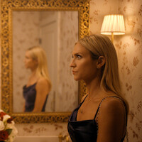 A woman in a blue dress stands in a warmly lit, elegant bathroom with floral wallpaper, a gold-framed mirror, and a wall lamp. Her reflection is visible, and flowers are arranged on the sink counter nearby.