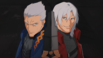 Two white-haired anime men stand back to back, one in blue and one in red, with a large sword between them. The background is dark, giving the scene an intense and dramatic atmosphere.