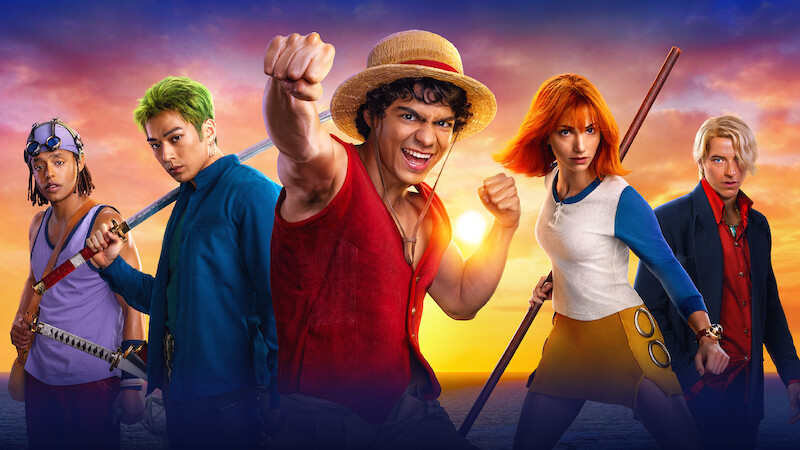 Usopp, Zoro, Luffy, Nami, and Sanji, in colorful costumes pose confidently with weapons, set against a dramatic ocean sunset background, conveying a sense of teamwork and action.