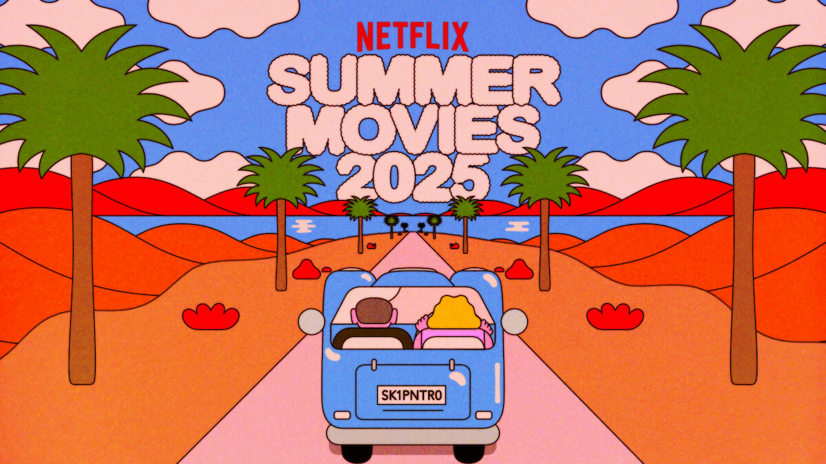 A car drives down the road passing hills and palm trees toward clouds that spell out Netflix Summer Movies 2025