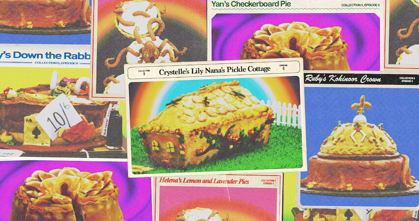 A collage featuring images of the best pies featured on The Great British Baking Show