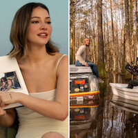 Yearbook: Madelyn Cline holding up book next to image of her on set during production (on top of a submerged car with camera crew)