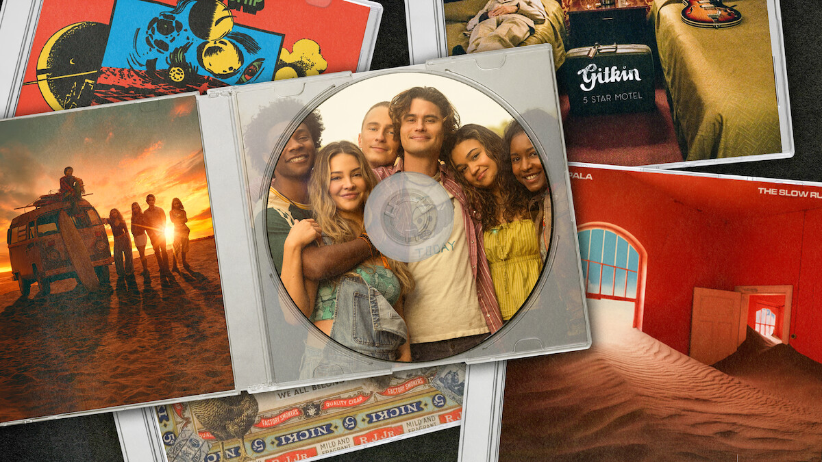 A group of six smiling friends pose together for a photo inside a CD case, surrounded by colorful album covers and vintage photos in a collage layout.