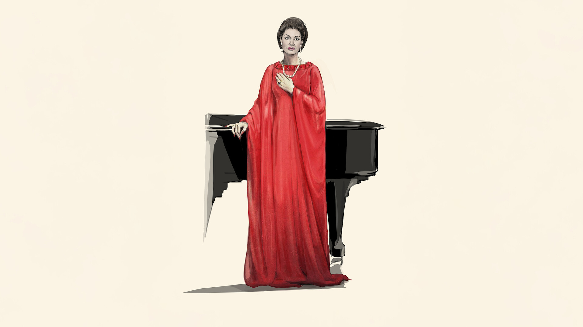A sketch of Angelina Jolie as Maria Callas. She wears a red dress and stands by a black piano looking downright regal.