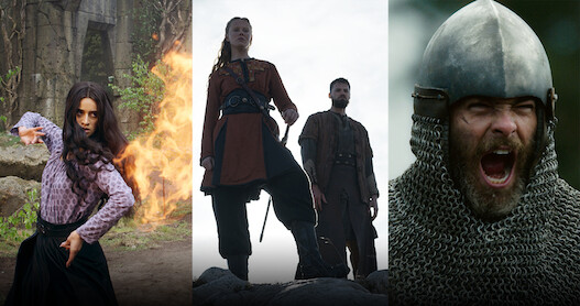 Split image of three stills from ‘The Witcher,’ ‘Vikings: Valhalla,’ and ‘Outlaw King’