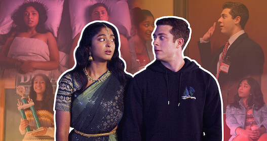 Characters Devi and Ben stare at each other, their image is juxtaposed against a collage of moments from their relationship
