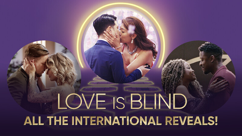 Couples from different seasons of 'Love Is Blind' international programs embracing.