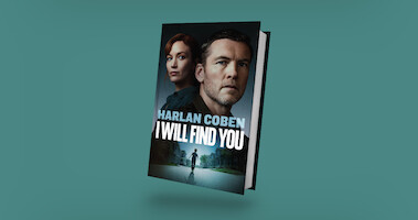 Book cover for "I Will Find You" by Harlan Coben featuring a man and woman’s faces over a suburban street scene with a solitary figure walking, set against a teal background.