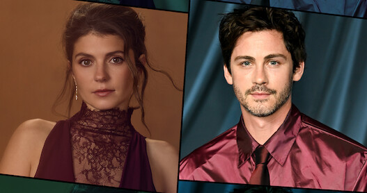 A woman and a man in formal attire are shown in separate portrait-style photos. The woman has dark hair, is in a sleeveless burgundy dress, and the man has dark hair, wearing a burgundy satin shirt and tie, both in studio settings.