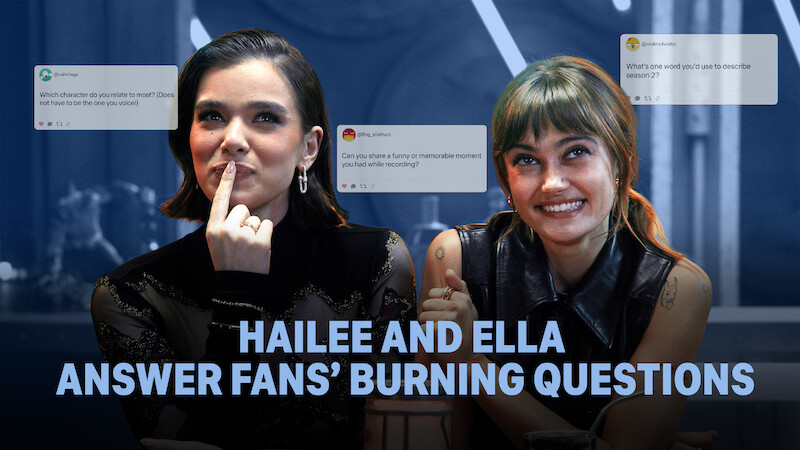 Haille Steinfeld and Ella Purnell with "Hailee and Ella Answer Fans' Burning Questions" title