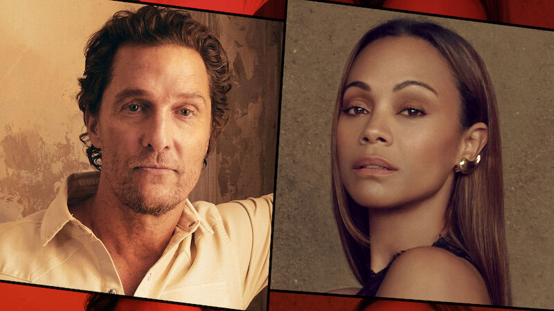 A man and a woman each pose for portraits against neutral brown backdrops, both looking directly at the camera with calm expressions. The images are set side by side with a graphic border dividing them.