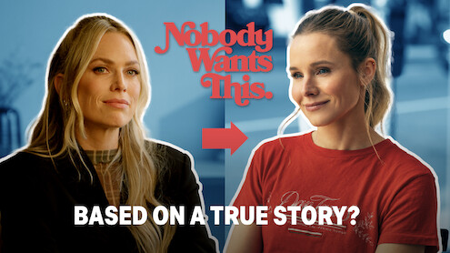 Erin Foster e Joanne (Kristen Bell) aparecem em ambientes contrastantes em um plano de fundo dividido. O texto diz “Ninguém Quer” e “Baseada em uma história real?” com uma seta vermelha entre as mulheres, sugerindo uma comparação.