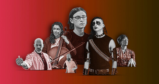 An illustration collage of all the actors in 'Metal Lords'