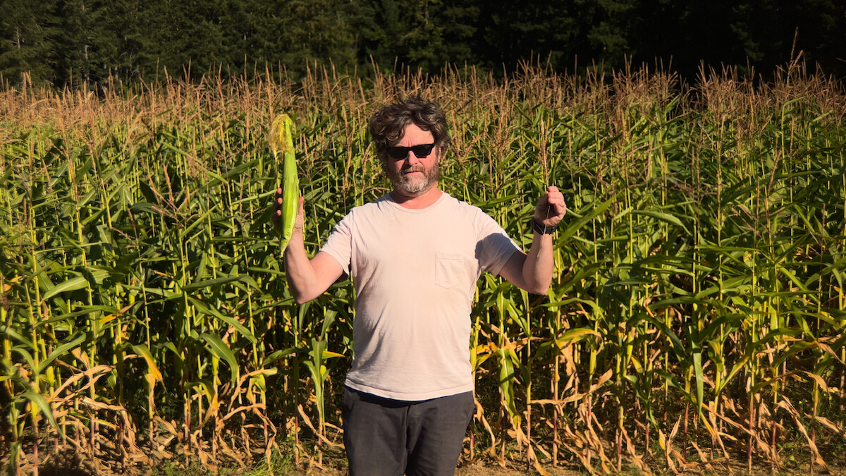 Zach Galifianakis stands in front of a corn field holding an ear of corn in one hand and a piece of wheat in the other.