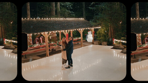 Martin Henderson as Jack Sheridan and Alexandra Breckenridge as Mel Monroe embrace each other on an ice-skating rink in 'Virgin River.'