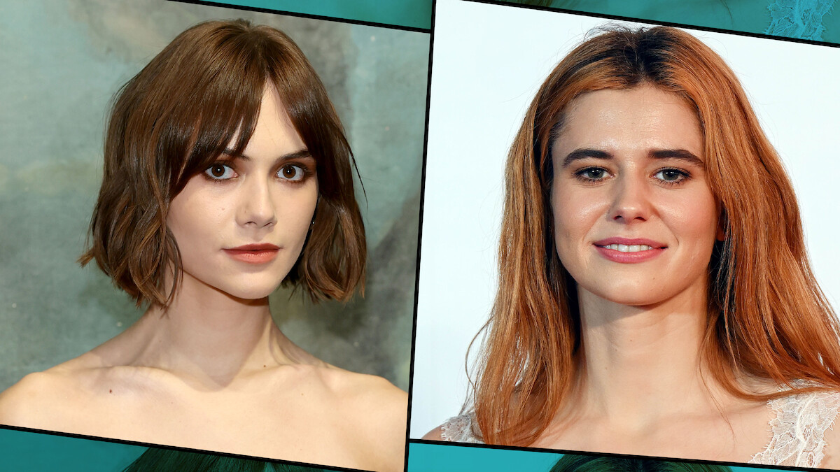 Two women are shown in separate portrait photos; the left has short brown hair against a textured backdrop, and the right has long light brown hair with a white background. Both are looking at the camera in formal poses.