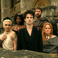 Mason Alexander Park as Desire, Kirby Howell-Baptiste as Death, Tom Sturridge as Dream, Barry Sloane as Destruction, and Donna Preston as Despair in 'The Sandman' Season 2.