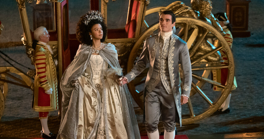 India Amarteifio's Queen Charlotte and Corey Mylchreest as King George in Queen Charlotte Season 1