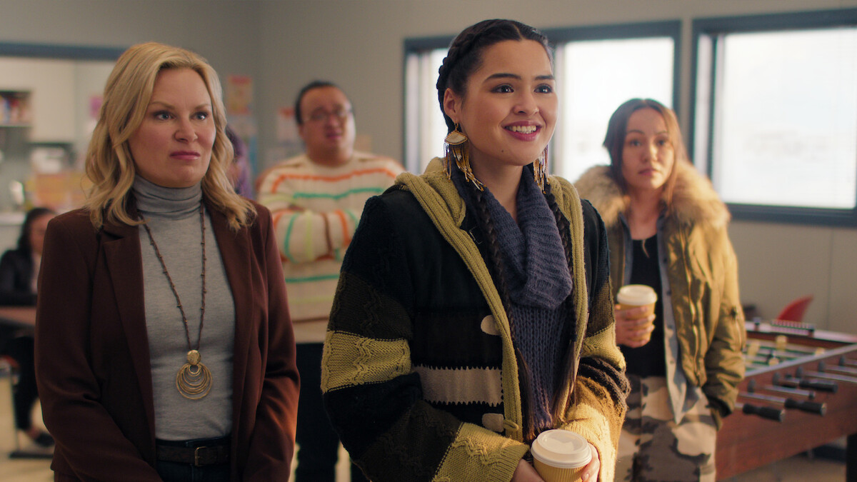 Mary Lynn Rajskub as Helen, Bailey Poching as Colin, Anna Lambe as Siaja, Maika Harper as Neevee in episode 108 of 'North of North'