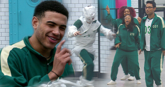 A collage of three scenes from the video, a group of Squid Game: The Challenge contestants dancing, a contestant dressed in toiletpaper pretending to me a mummy and another contestant is laughing