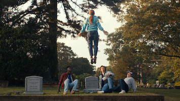 Caleb McLaughlin as Lucas Sinclair, Sadie Sink as Max Mayfield, Joe Keery as Steve Harrington, Gaten Matarazzo as Dustin Henderson in 'Stranger Things' Season 4.