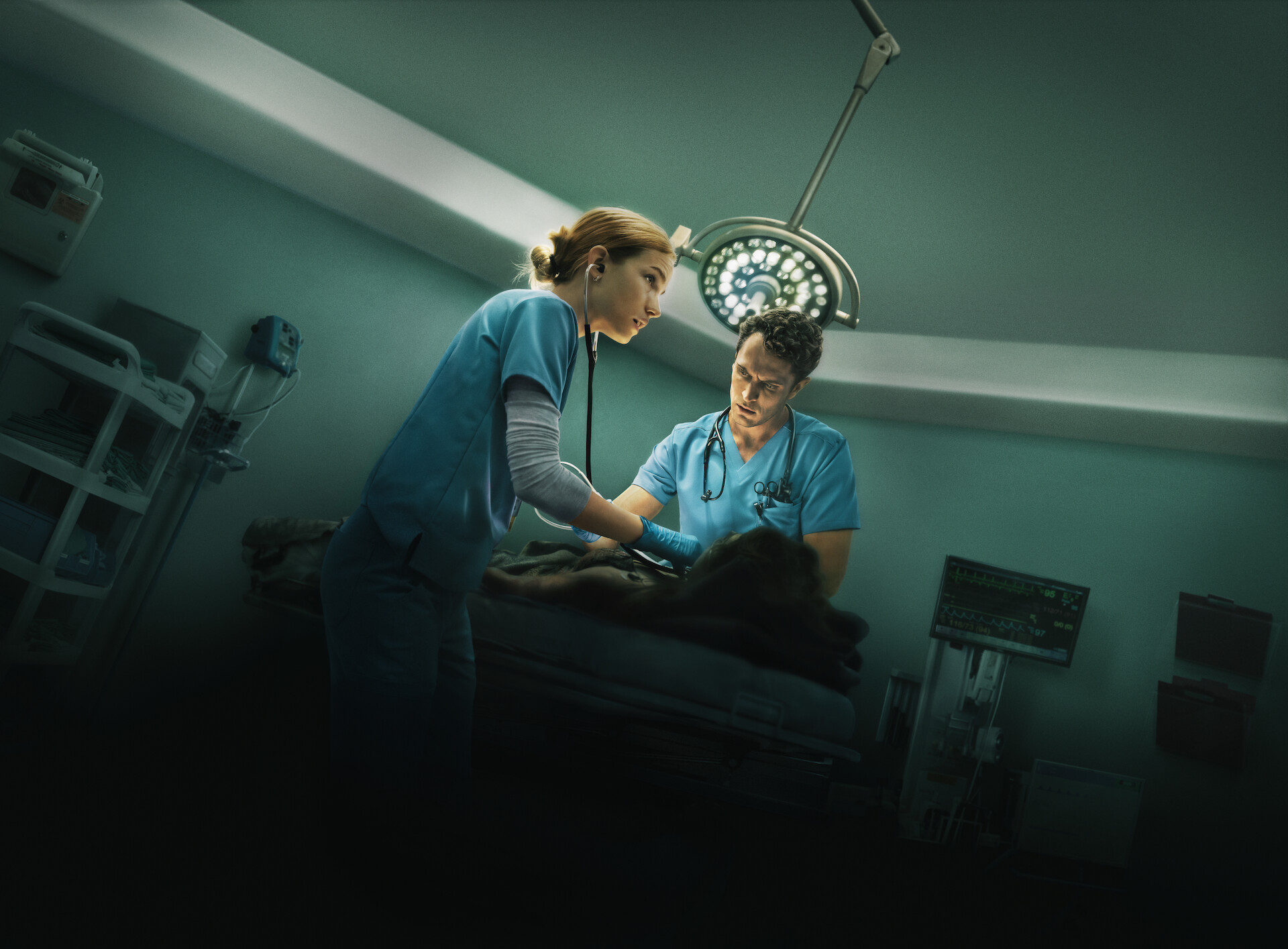 Pulse key art - Two doctors standing over a patient looking worried but confident. 